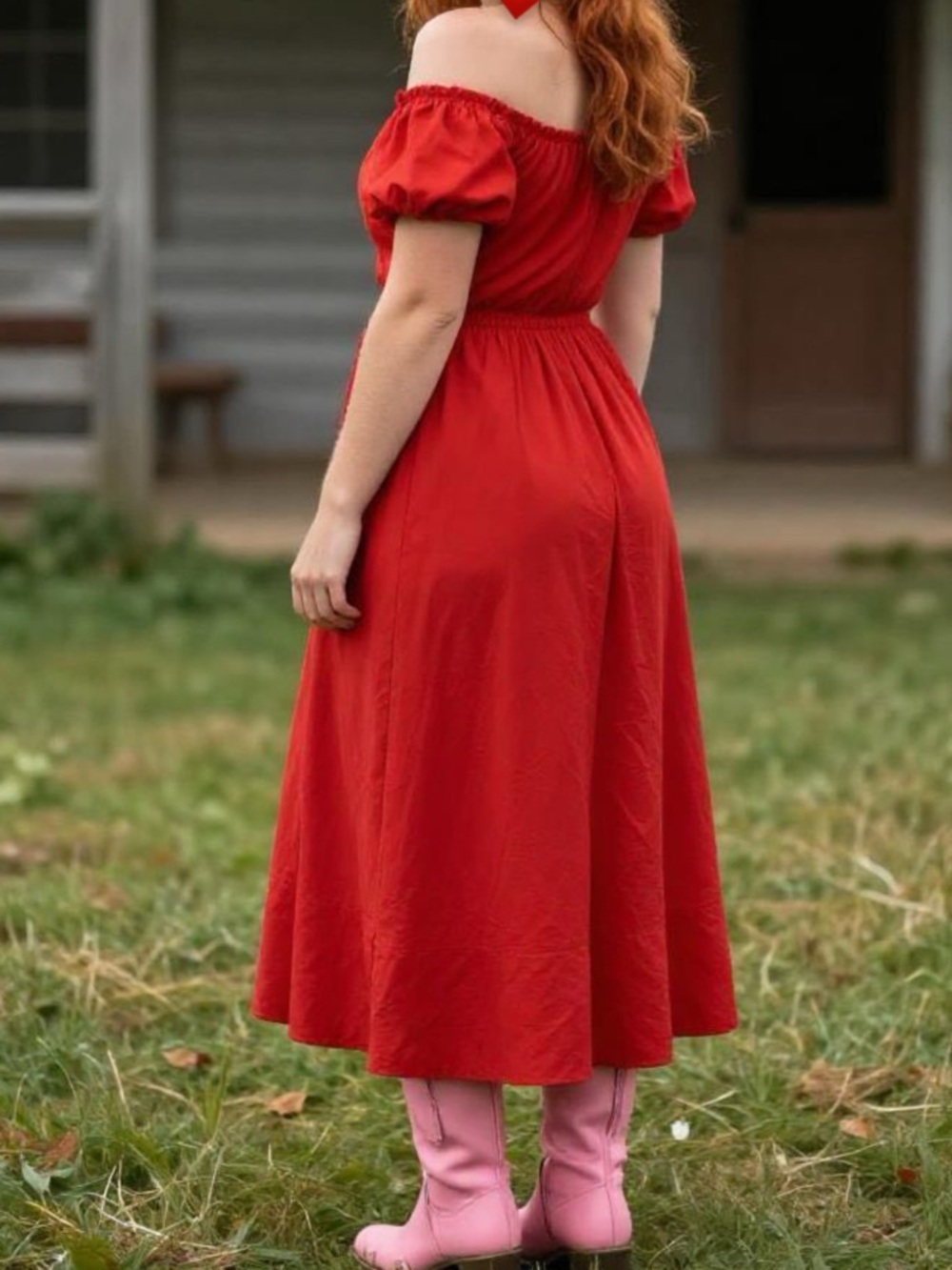 Shoulder off Elegant Red Puff-Sleeve Women's Dress